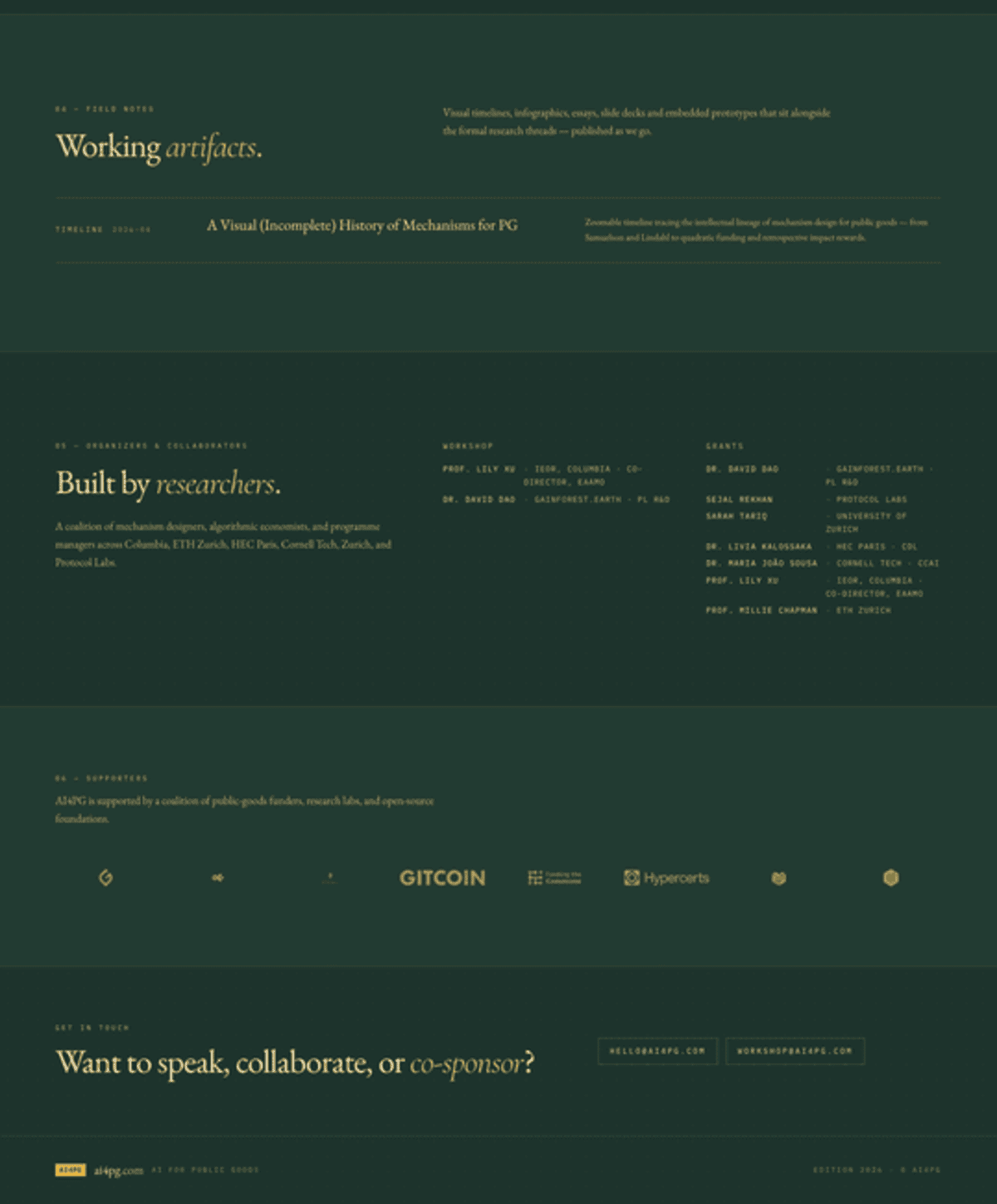 ai4pg dark supporters + contact + footer