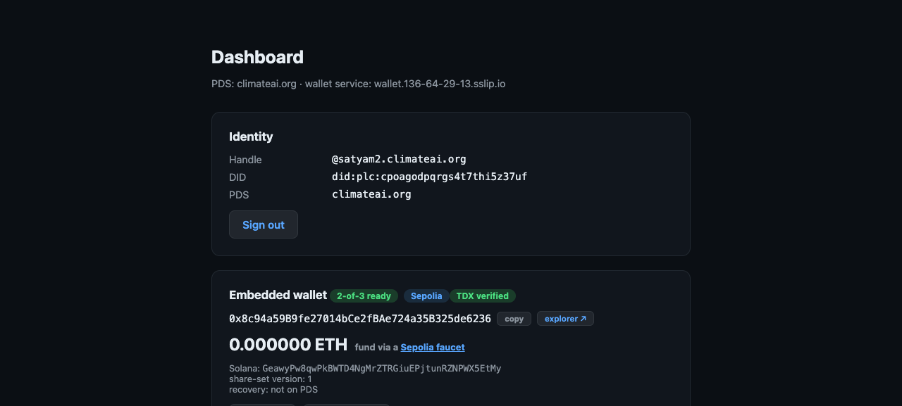 Wallet dashboard showing 2-of-3 ready and TDX verified badges