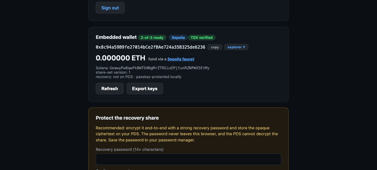 Wallet dashboard showing local passkey-protected recovery status