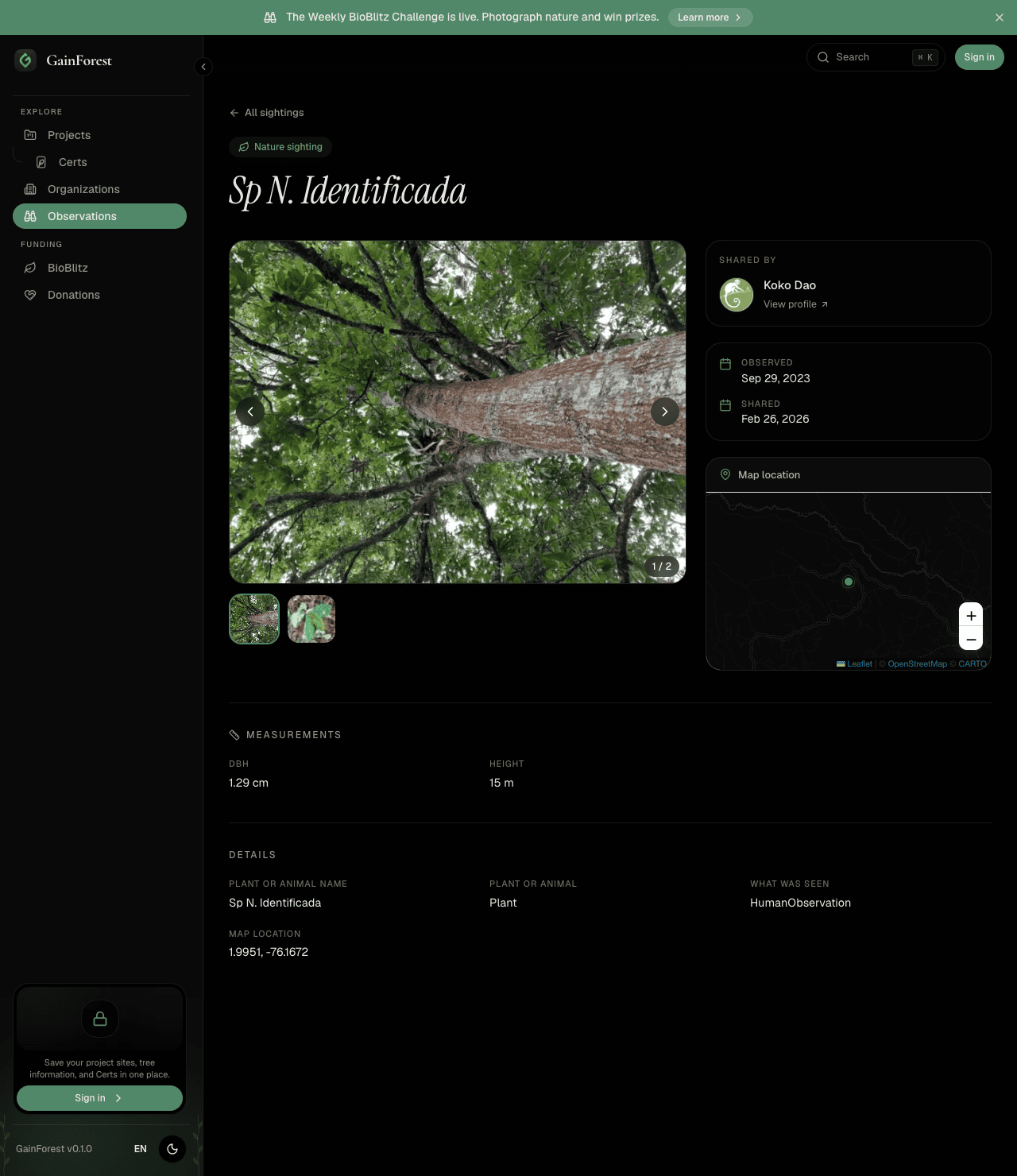 Full observation page for a Koko Dao tree with photo and a Measurements section