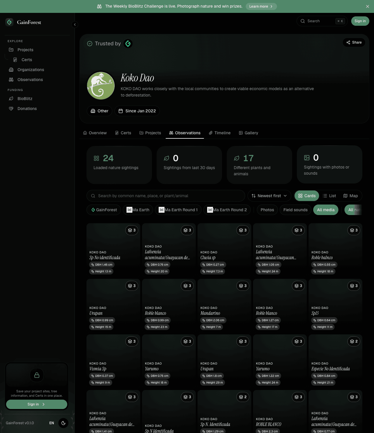 Koko Dao observation gallery with real species names and measurement chips at scale