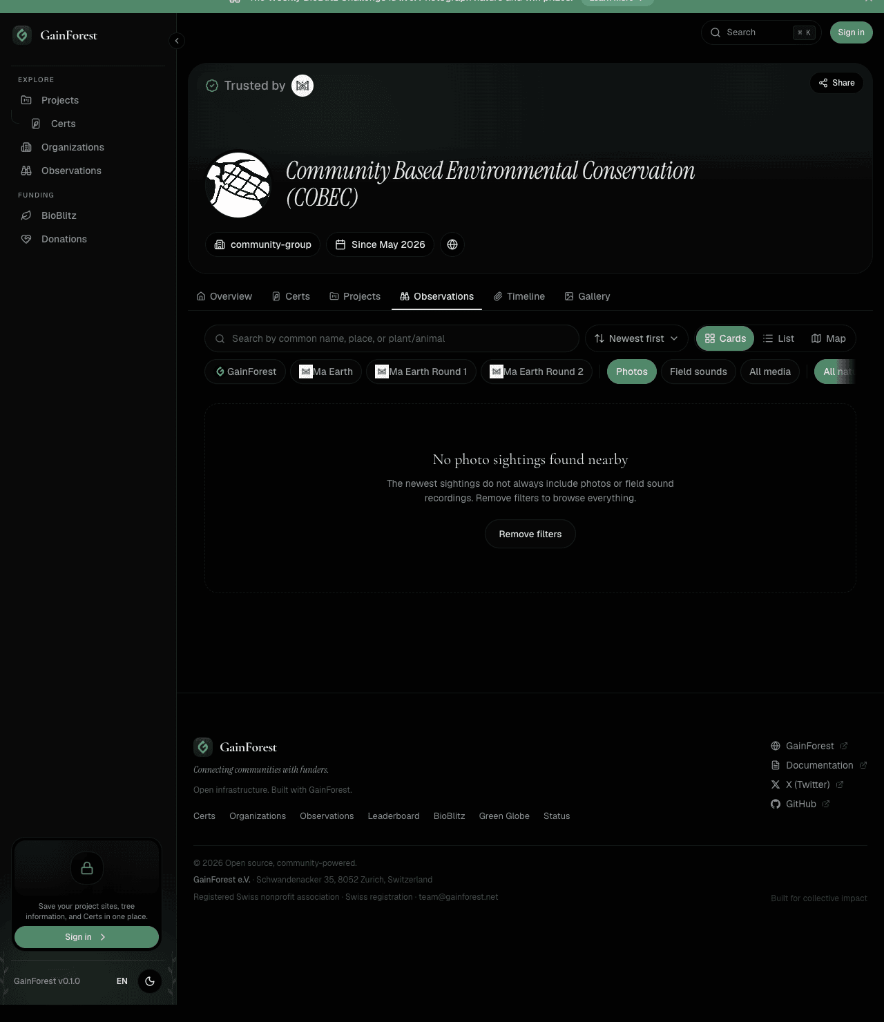 COBEC observations page empty state