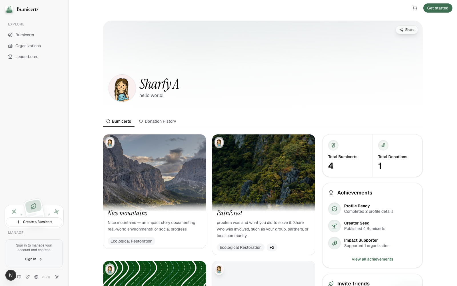 Account Bumicerts tab light mode