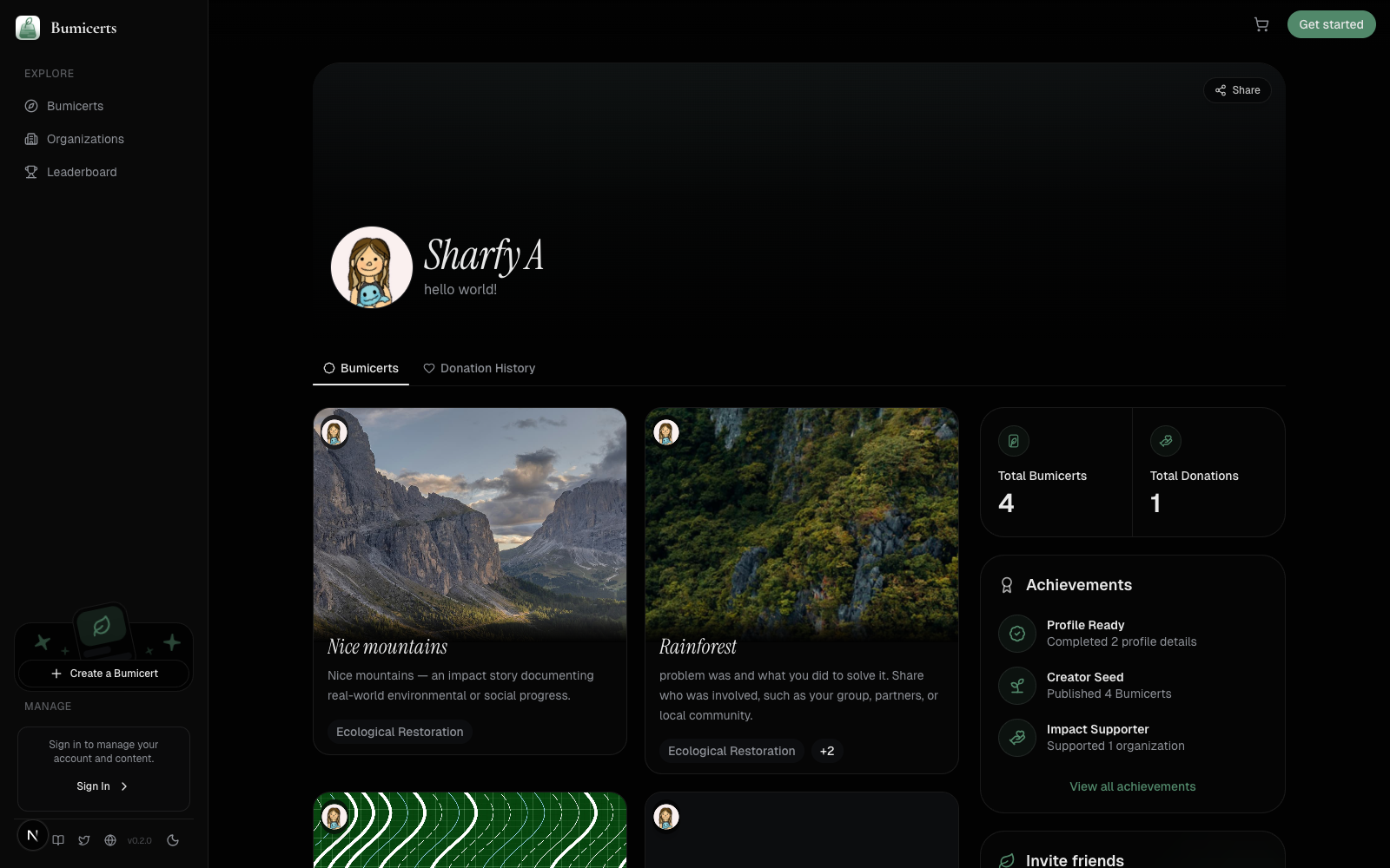 Account Bumicerts tab dark mode