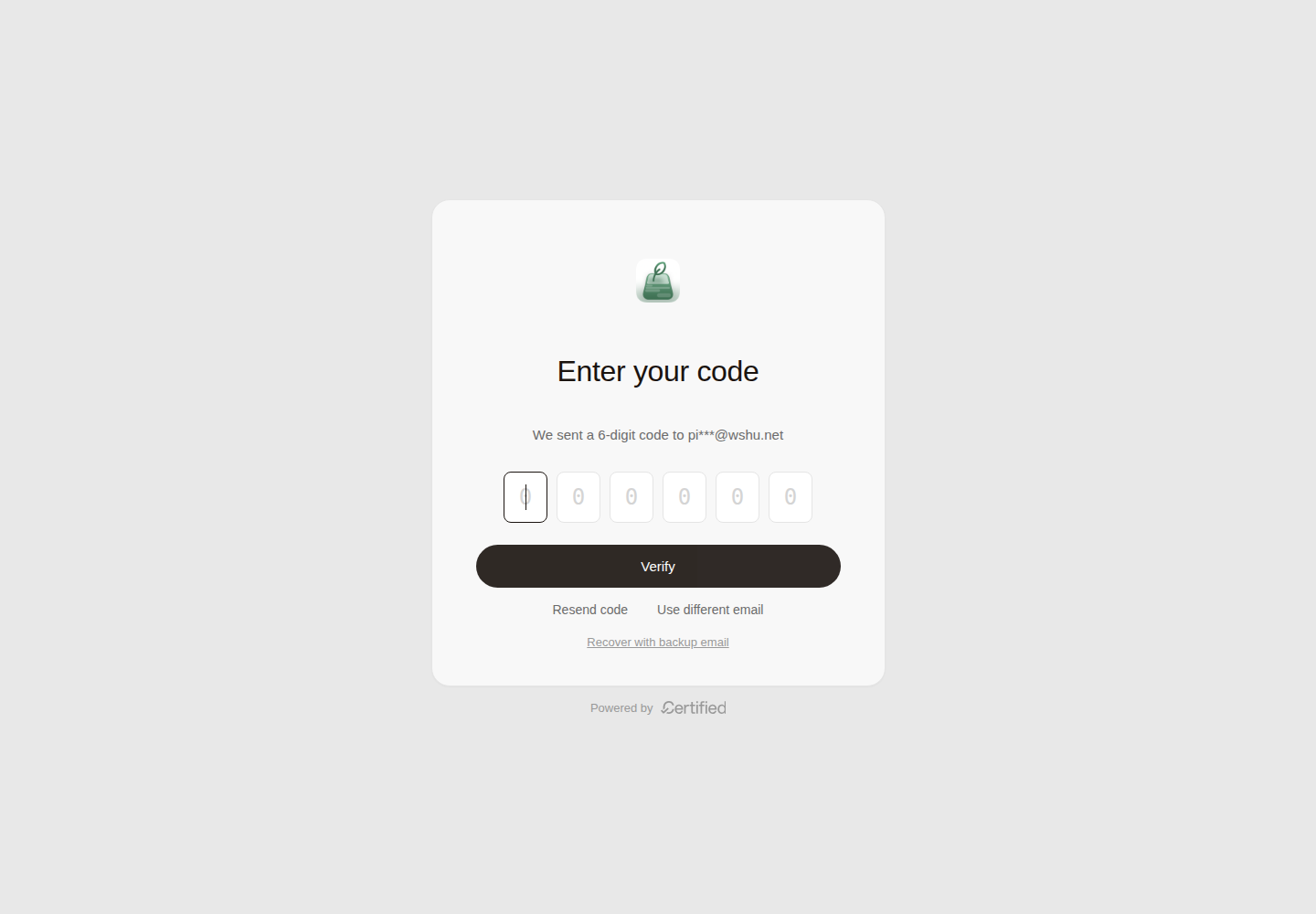 Email code entry screen