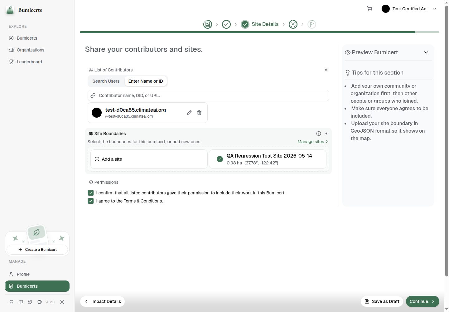 Contributor and site selected
