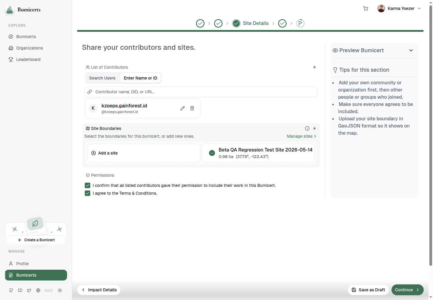 Contributor and site selected