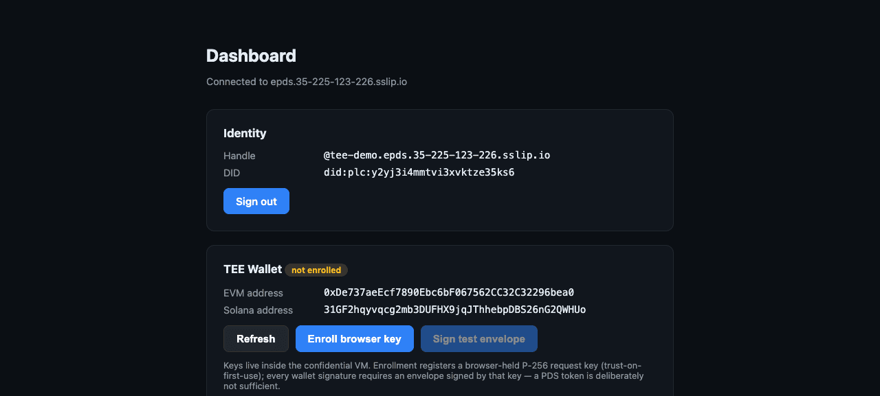 Dashboard with TEE wallet addresses
