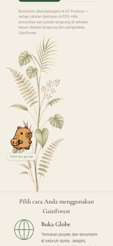 Mobile hero bottom before — empty space + tall leaves decoration, both cards hidden somewhere off-screen.