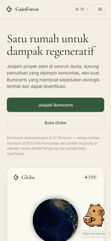 Mobile hero after — 42px headline fits in two lines, full-width CTAs, capybara moved to bottom-right, Globe card inline below.
