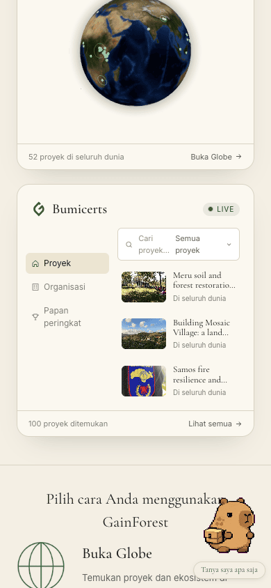 Mobile after — Globe sphere and Bumicerts card stacked inline with full chrome.