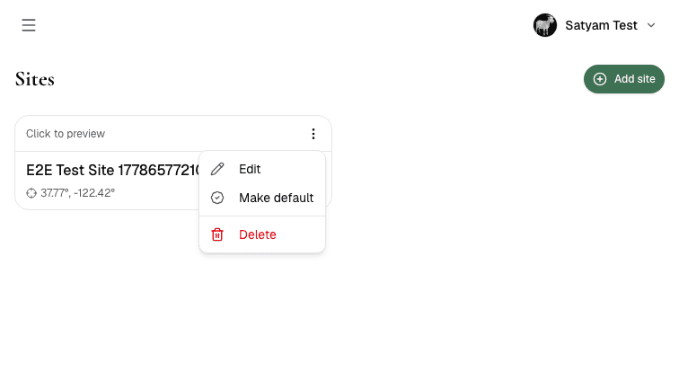 Site options dropdown