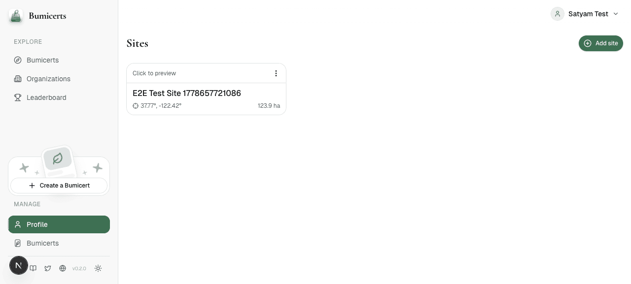 Manage sites page