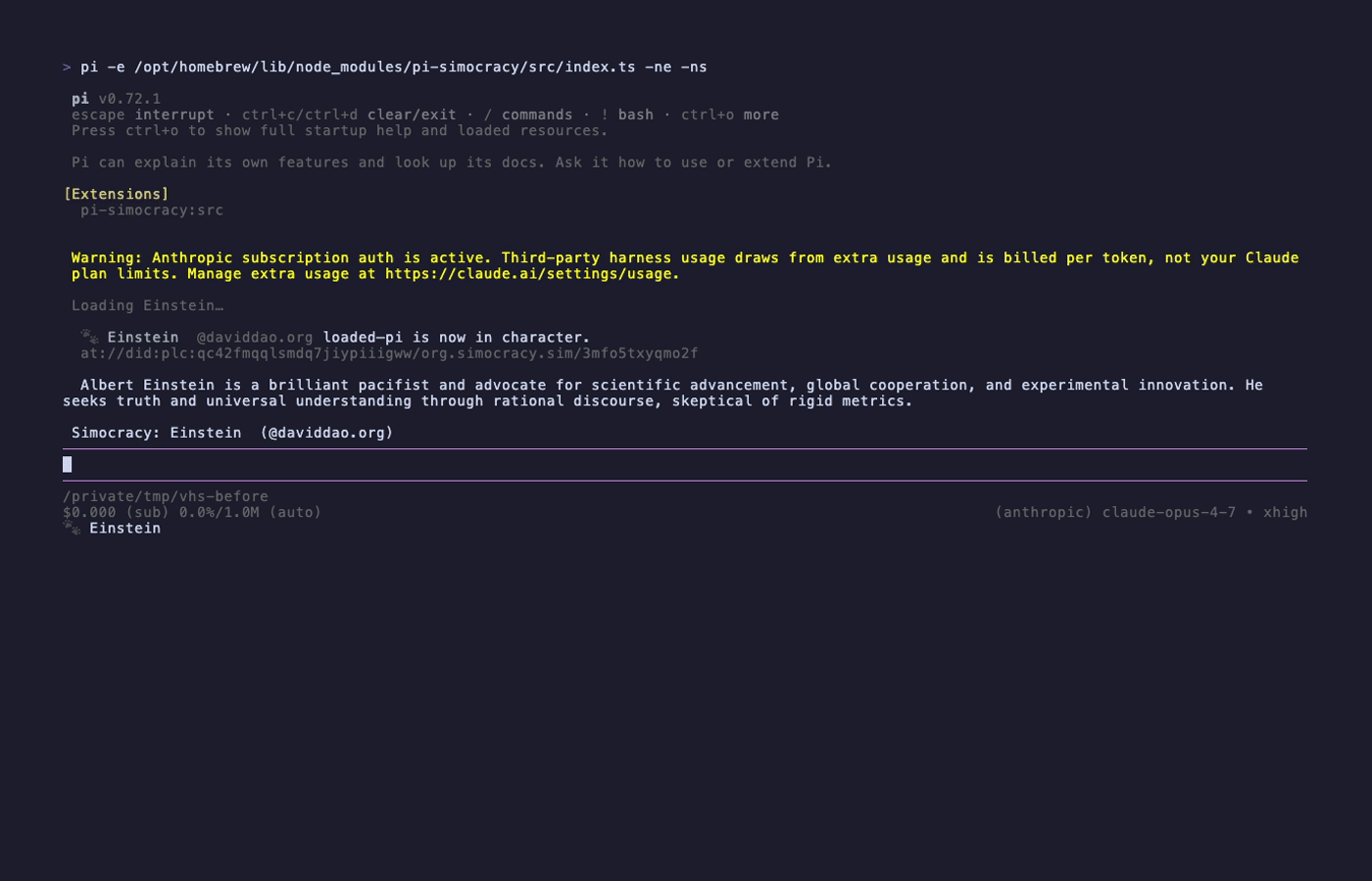 Einstein loaded under pi-simocracy@0.3.0 with no avatar visible