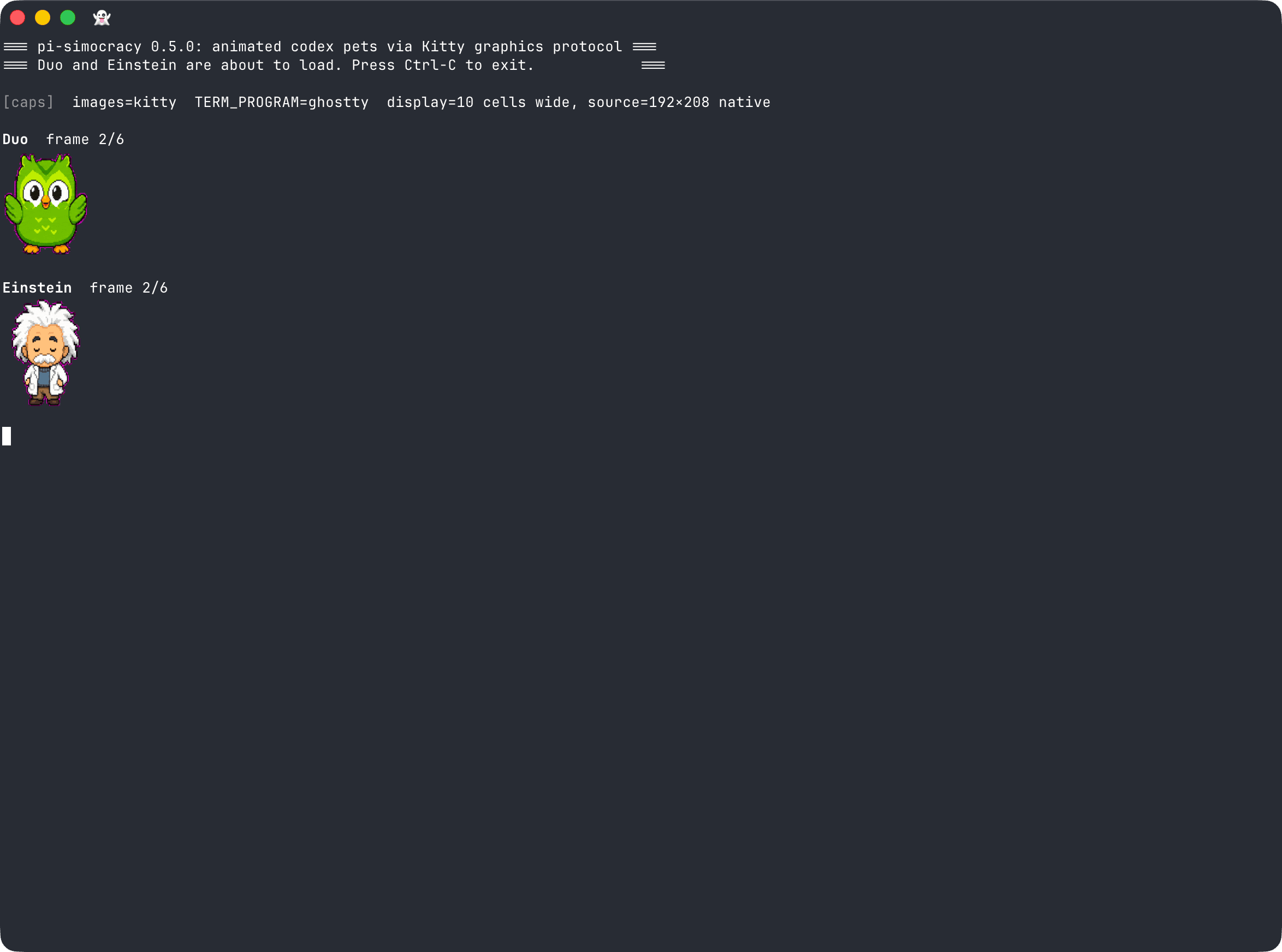 Ghostty terminal showing Duo (green Duolingo owl) and Einstein (chibi scientist) rendered as crisp inline Kitty-protocol images, both showing 'frame 2/6'