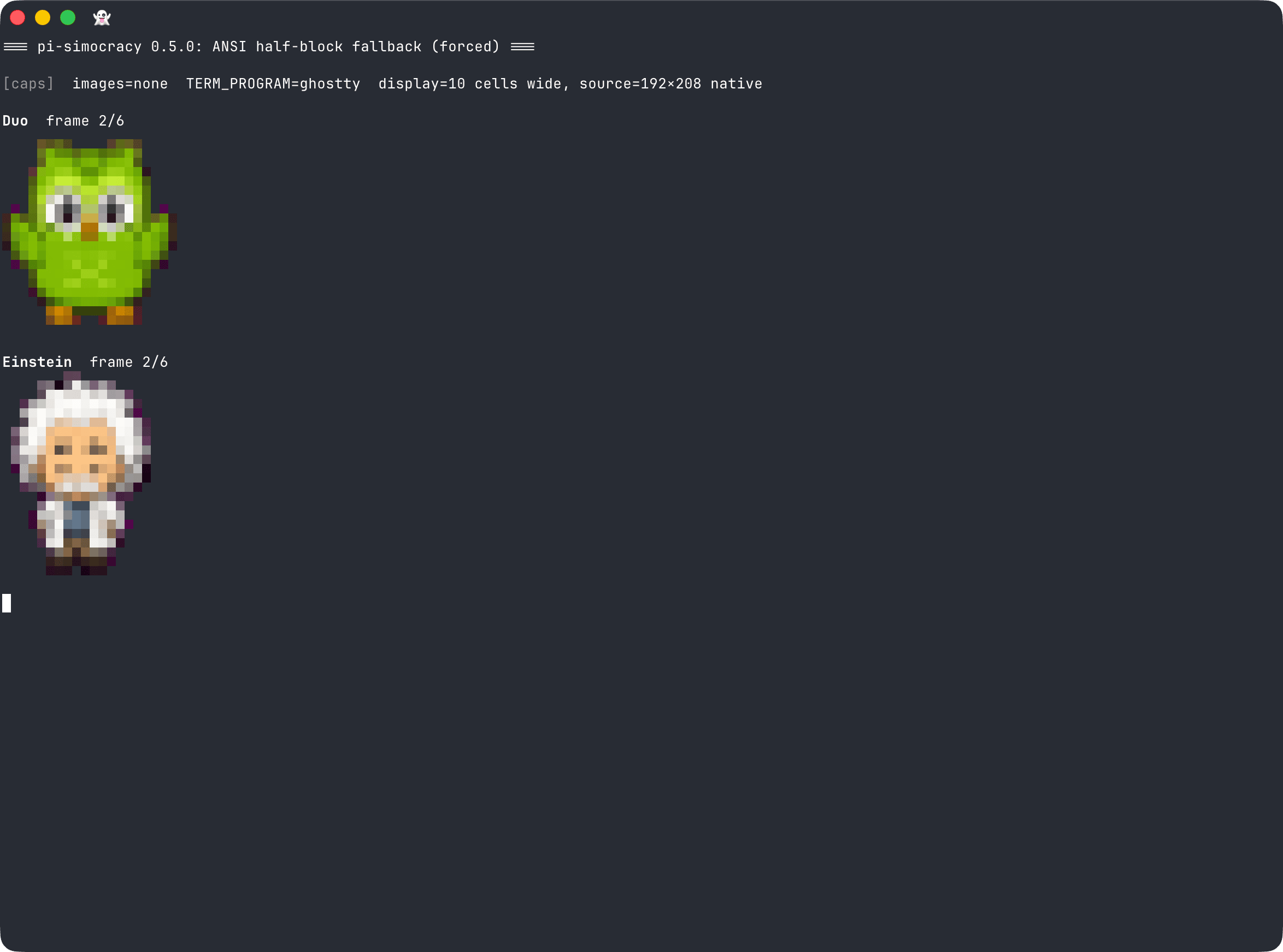 Same Ghostty terminal showing the same Duo and Einstein sprites rendered as ANSI half-blocks instead of Kitty graphics; visibly more pixelated