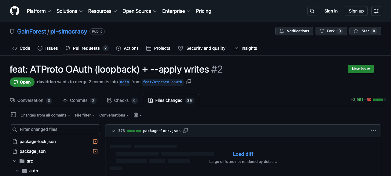 PR #2 in pi-simocracy on github.com — feat: ATProto OAuth (loopback) + --apply writes, 25 files changed, +3,991 / −50