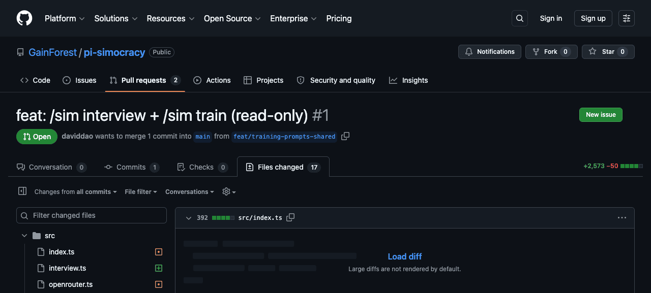 PR #1 in pi-simocracy on github.com — feat: /sim interview + /sim train (read-only), 17 files changed, +2,573 / −50