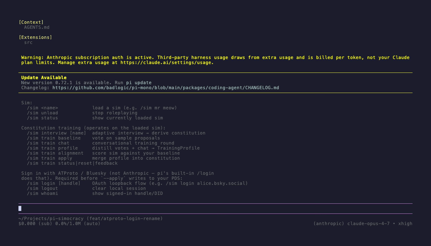 /sim help output: three labelled groups for Sim, Constitution training, and Sign in with ATProto / Bluesky (not Anthropic)
