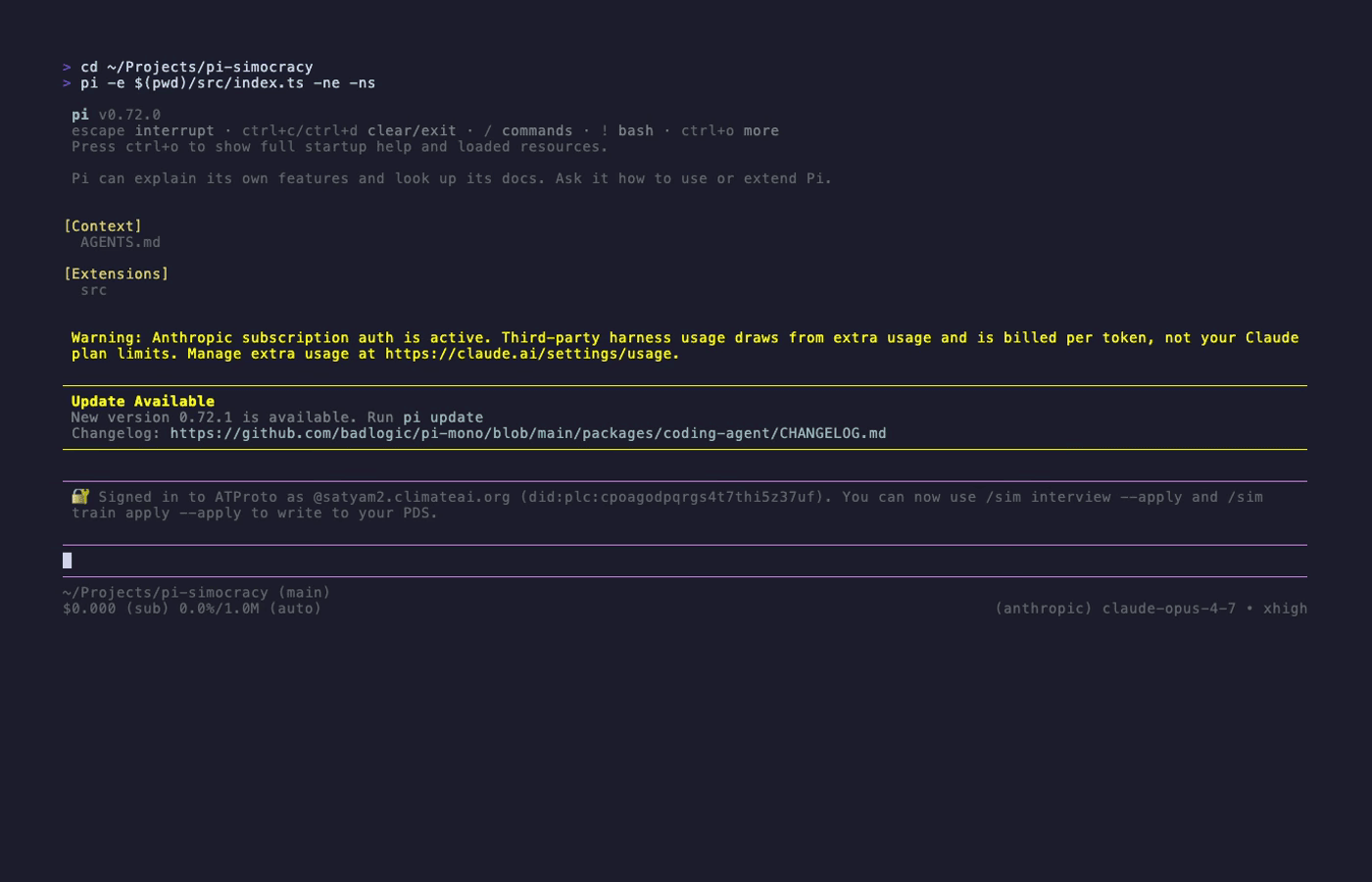 Pi terminal showing: 'Signed in to ATProto as @satyam2.climateai.org (did:plc:cpoagodpqrgs4t7thi5z37uf). You can now use /sim interview --apply and /sim train apply --apply to write to your PDS.'