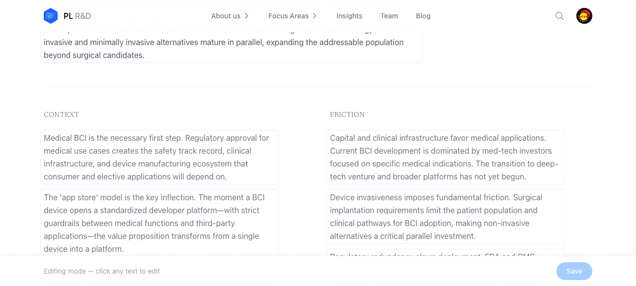 Editor — Context (keyAssumptions) and Friction (observations) side-by-side