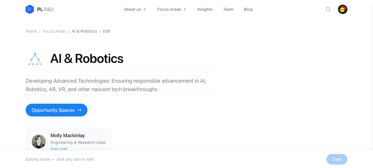 Editing mode on /areas/ai-robotics/edit