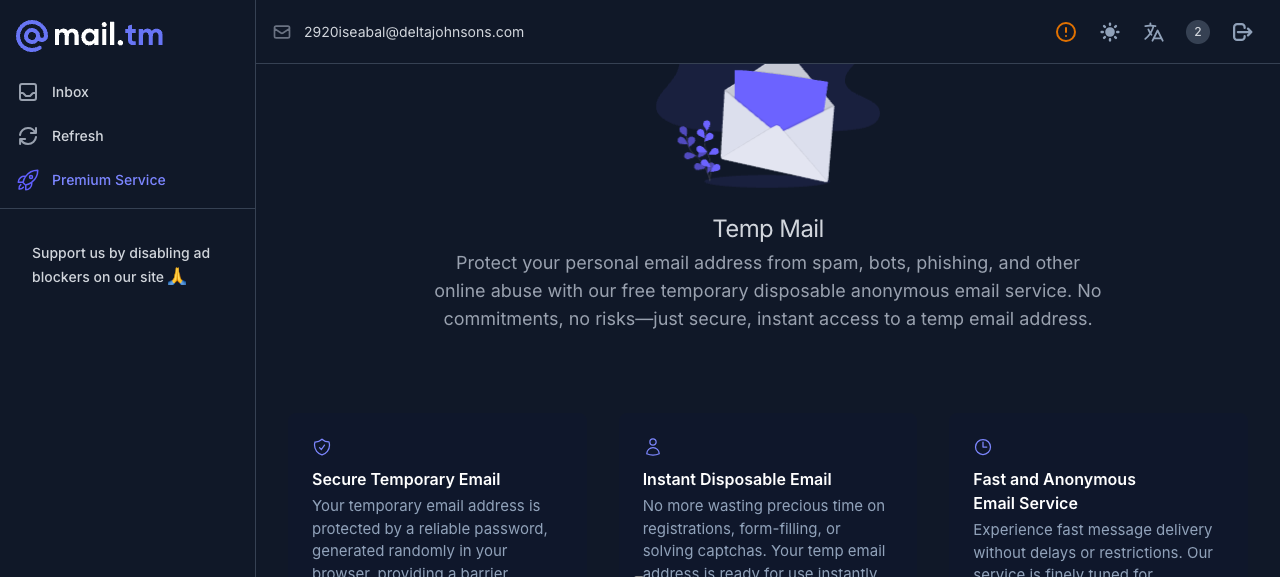 mail.tm temporary inbox provisioned with the email 2920iseabal@deltajohnsons.com