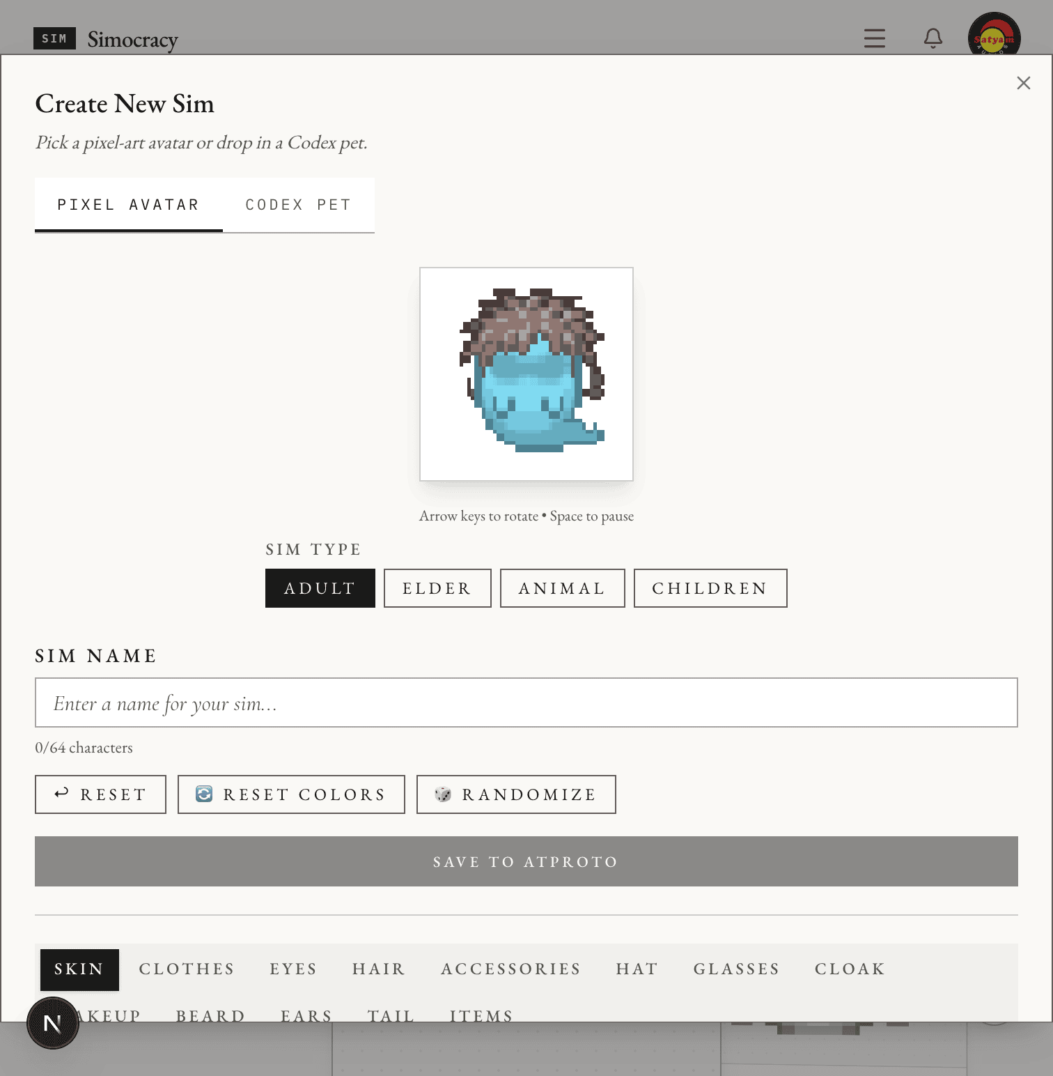 Create dialog with Pixel Avatar tab