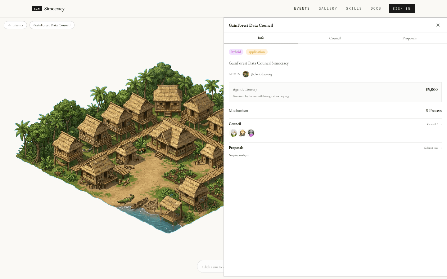 GainForest Data Council event after clicking the building, with the sidebar on the right half