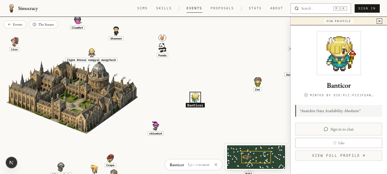 Banticor sim selected, narrow sim-profile sidebar open, mini-map sits adjacent to it