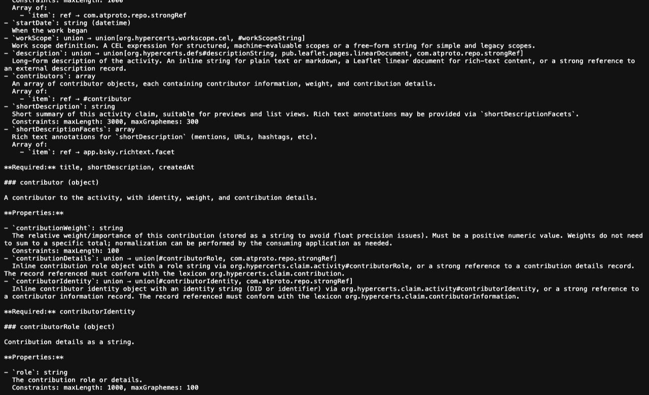 Hypercerts claim.activity lexicon properties — workScope and description as unions