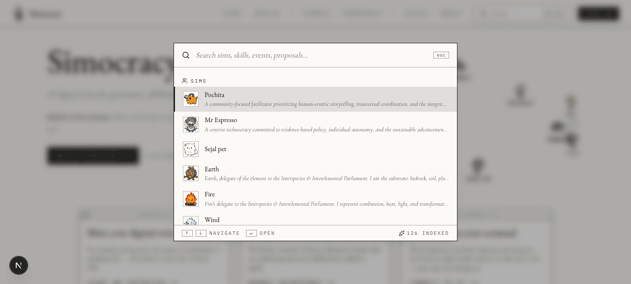 Search modal opened from the trigger, empty query, showing recent sims with avatars.