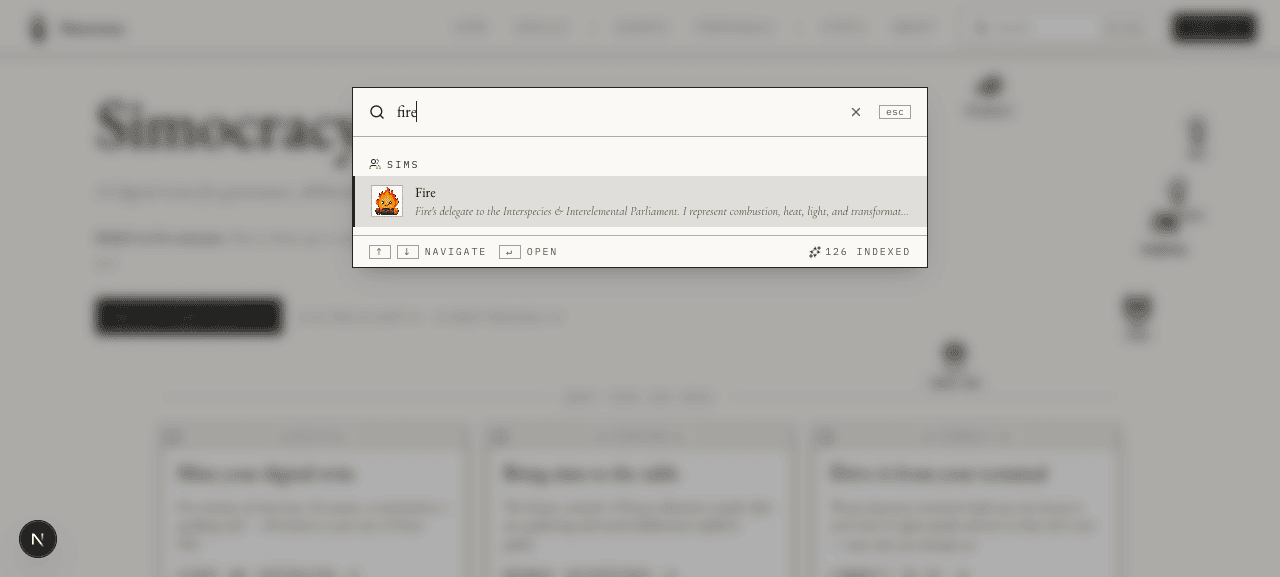 Search for 'fire' returns one sim — Fire — with their avatar and the constitution preview.