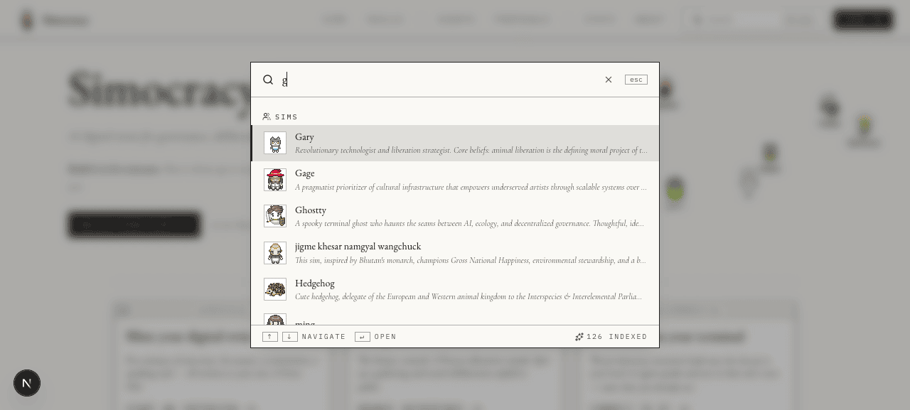 Search for 'g' showing the SIMS section header with six matching sims.