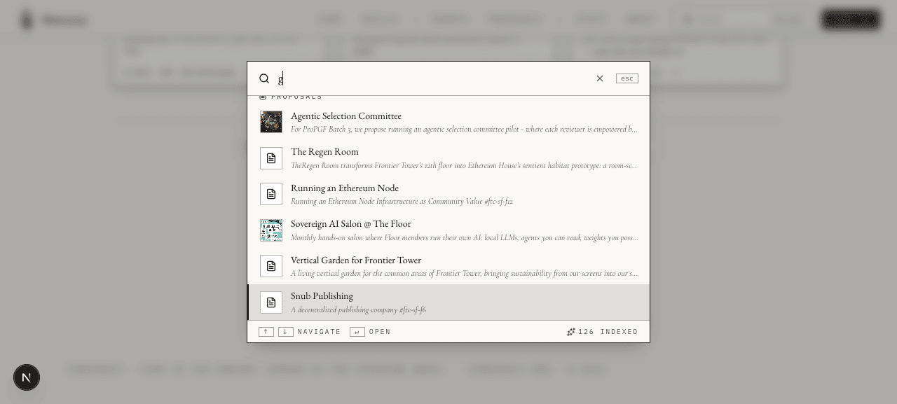 Same query, scrolled to the bottom — PROPOSALS section, with mix of proposals showing banner images and FileText icons.