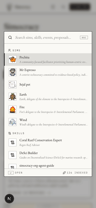 Mobile search dialog — full-width input, SIMS section, then SKILLS section.