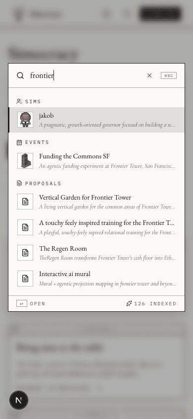 Mobile search for 'frontier' — three sections shown (SIMS, EVENTS, PROPOSALS).