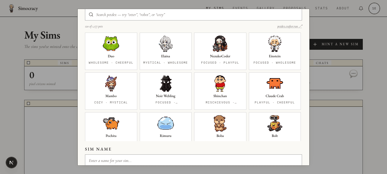 Mint-a-Sim modal, Codex Pet tab, Browse Petdex sub-tab selected, popular pets in a grid filling each cell edge-to-edge