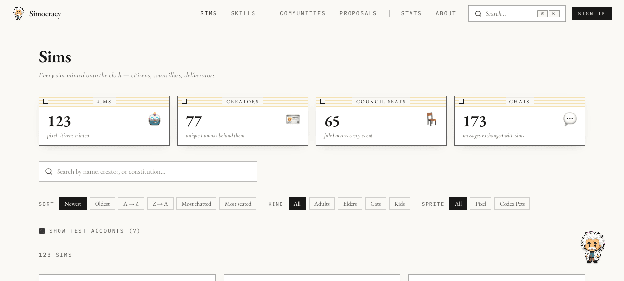 Gallery page header showing 123 sims, 77 creators, 65 council seats, 173 chats