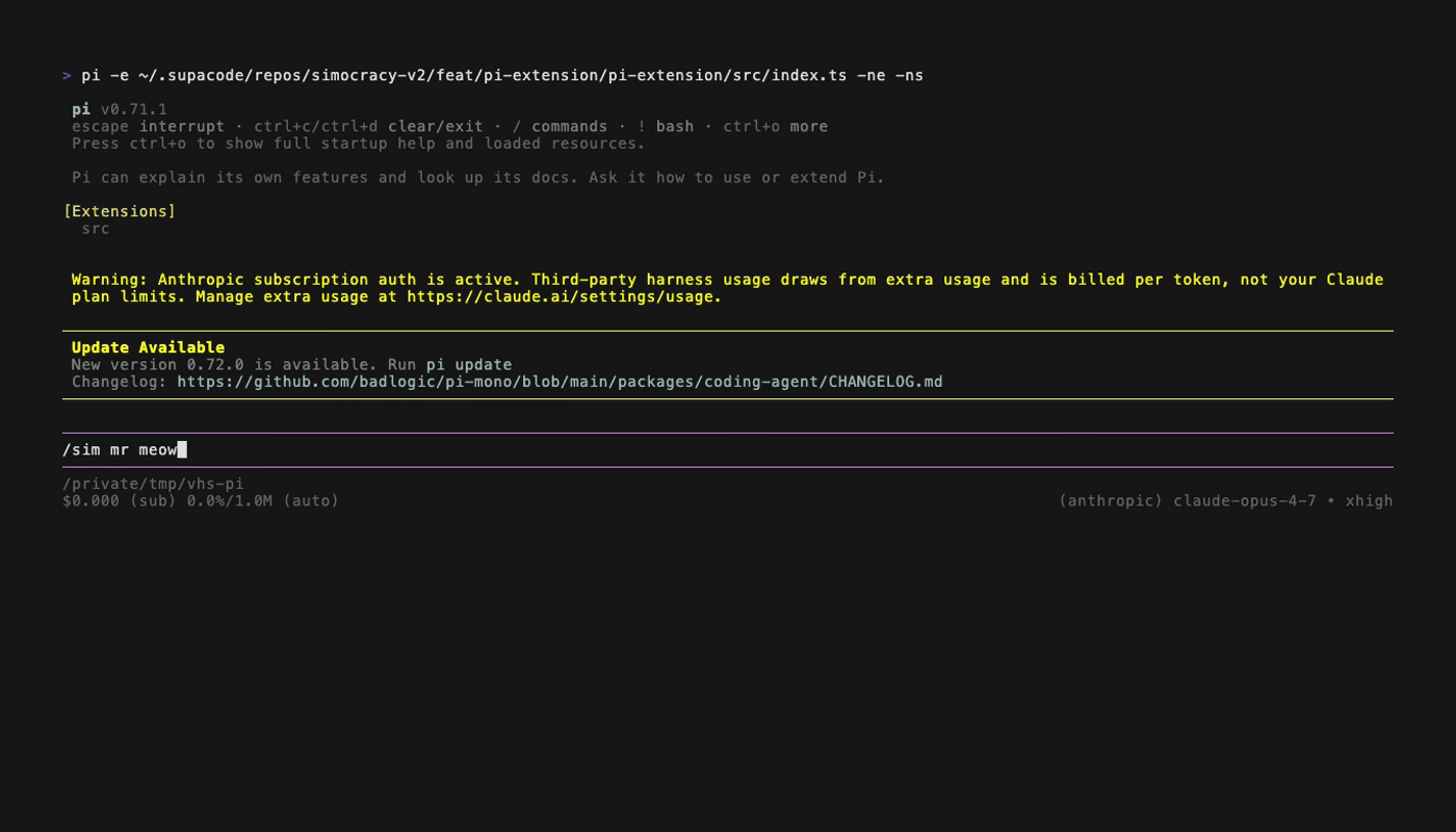 pi launched with the simocracy extension, slash command being typed