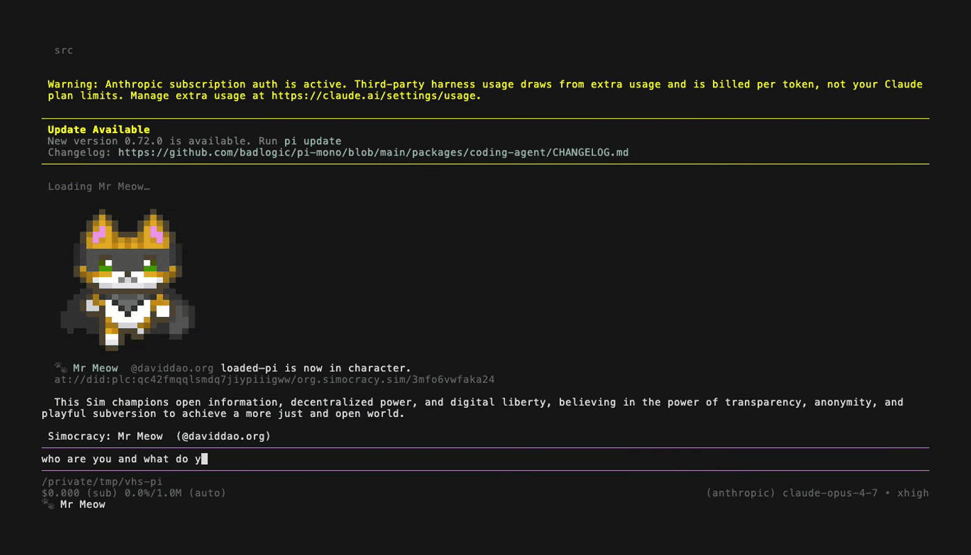 Mr Meow sprite rendered as colored ANSI half-blocks inline in the chat, with name + handle + AT-URI + bio below
