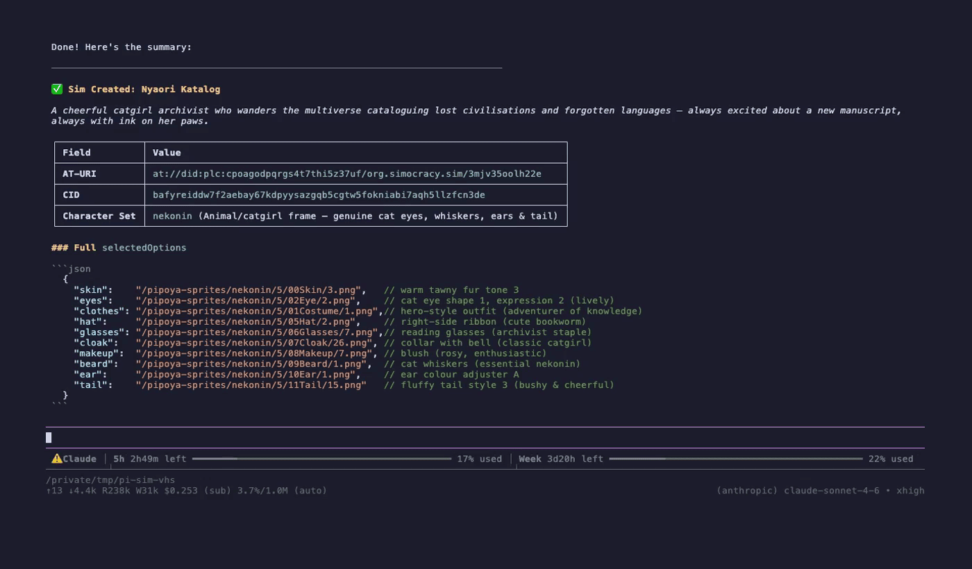 Later frame: pi prints the final Nyaori Katalog summary with AT-URI, CID, and full selectedOptions JSON.