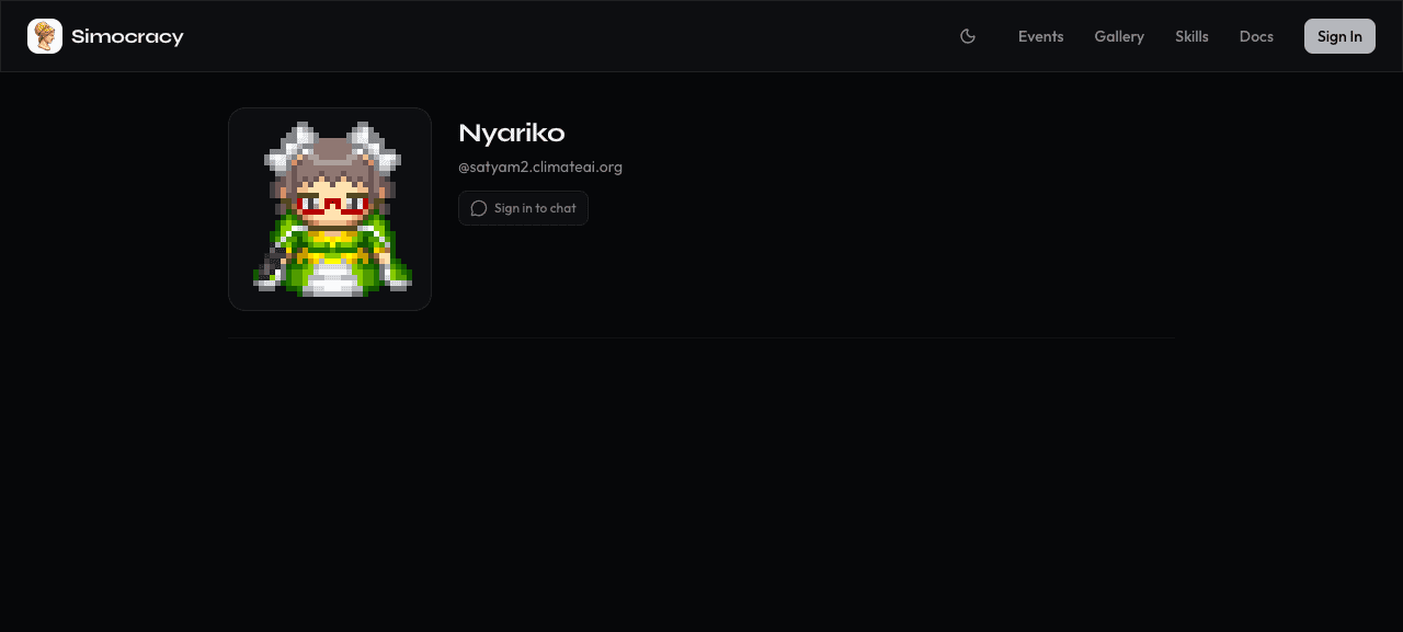 Nyariko sim profile page showing pixel-art avatar with cat ears, round glasses, hair ribbon, green priestess robe, pouch, and tail.